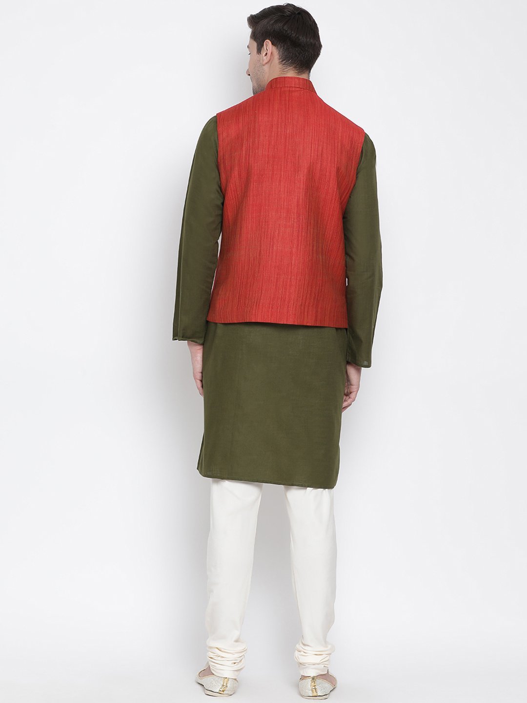 Men's Green Cotton Blend Kurta, Ethnic Jacket and Pyjama Set