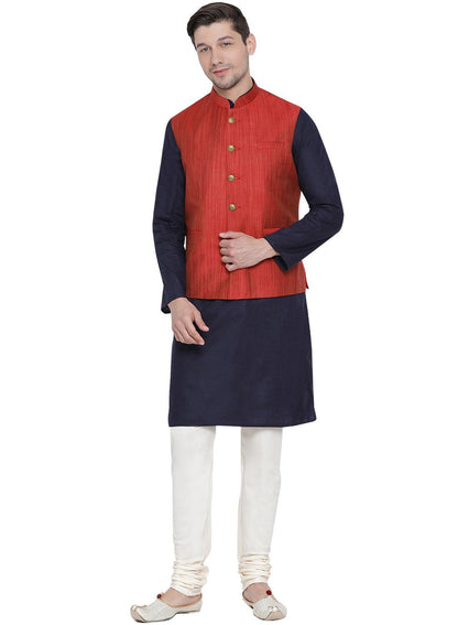 Men's Dark Blue Cotton Blend Kurta, Ethnic Jacket and Pyjama Set