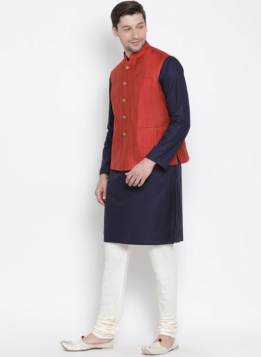 Men's Dark Blue Cotton Blend Kurta, Ethnic Jacket and Pyjama Set