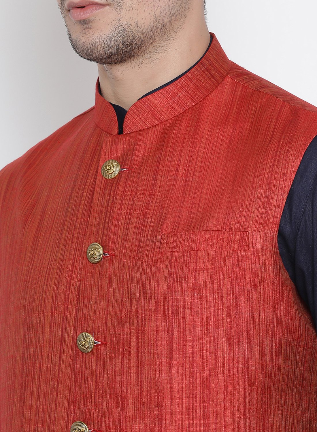 Men's Dark Blue Cotton Blend Kurta, Ethnic Jacket and Pyjama Set