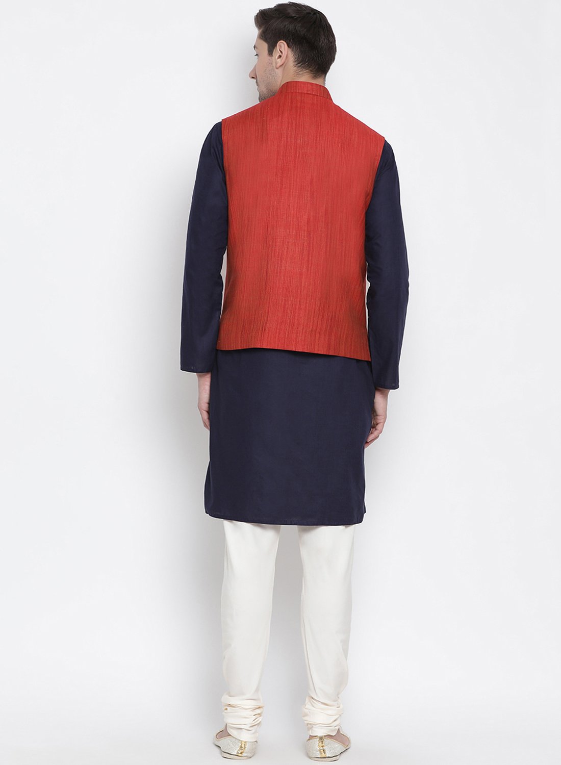 Men's Dark Blue Cotton Blend Kurta, Ethnic Jacket and Pyjama Set