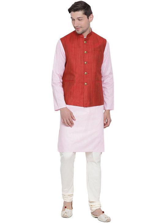 Men's Pink Cotton Blend Kurta, Ethnic Jacket and Pyjama Set