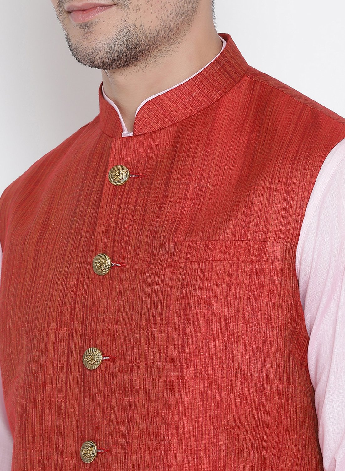 Men's Pink Cotton Blend Kurta, Ethnic Jacket and Pyjama Set