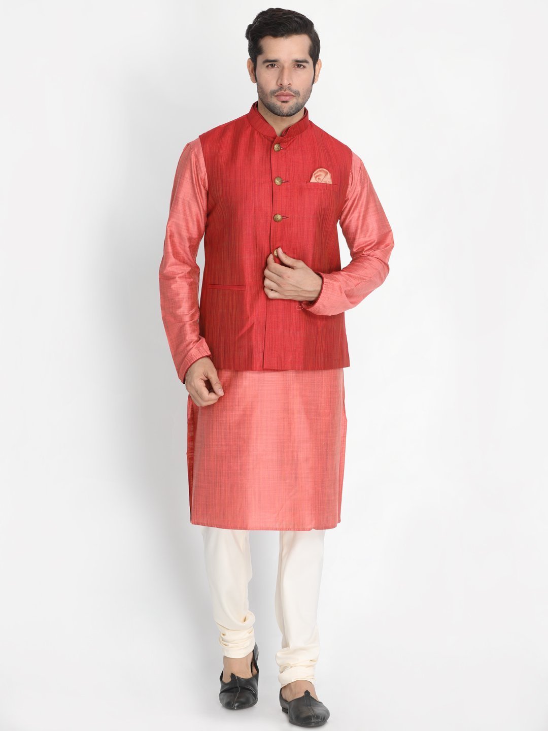 Men's Pink Cotton Blend Kurta, Ethnic Jacket and Pyjama Set