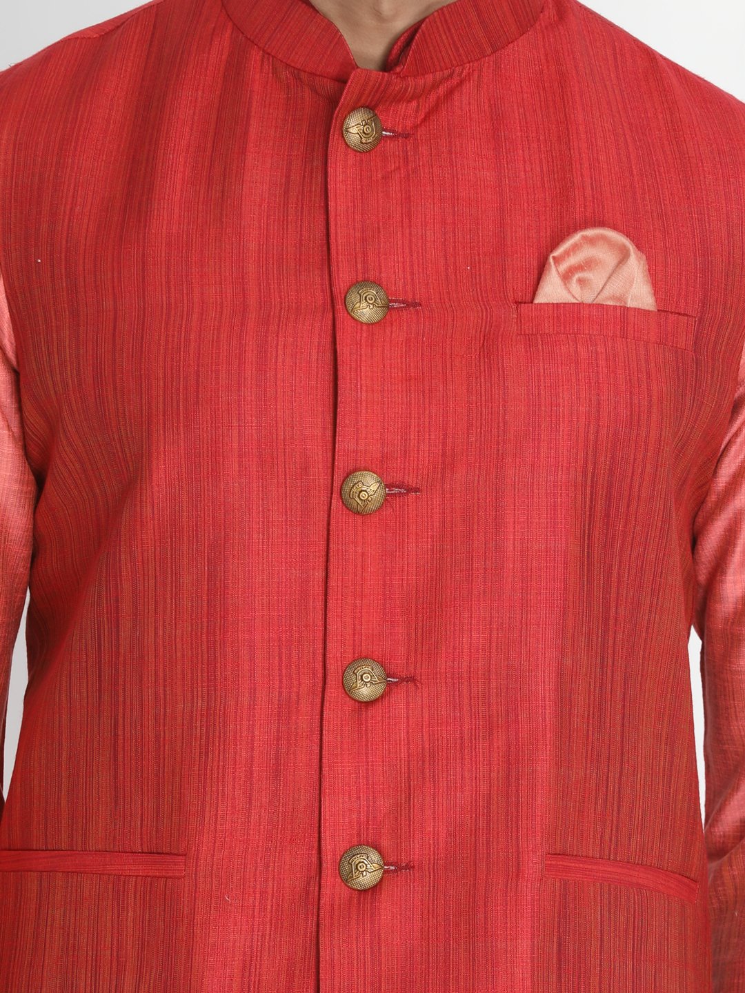 Men's Pink Cotton Blend Kurta, Ethnic Jacket and Pyjama Set