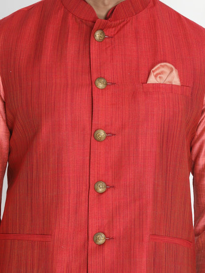 Men's Pink Cotton Blend Kurta, Ethnic Jacket and Pyjama Set