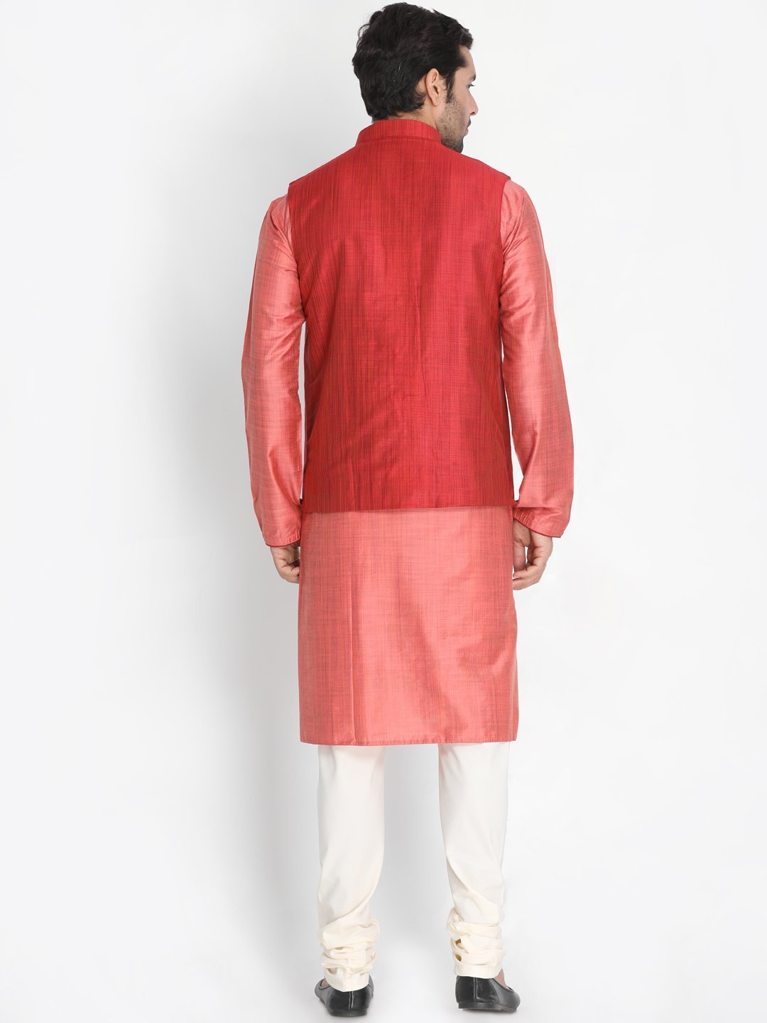Men's Pink Cotton Blend Kurta, Ethnic Jacket and Pyjama Set