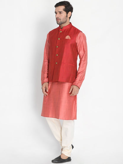 Men's Pink Cotton Blend Kurta, Ethnic Jacket and Pyjama Set