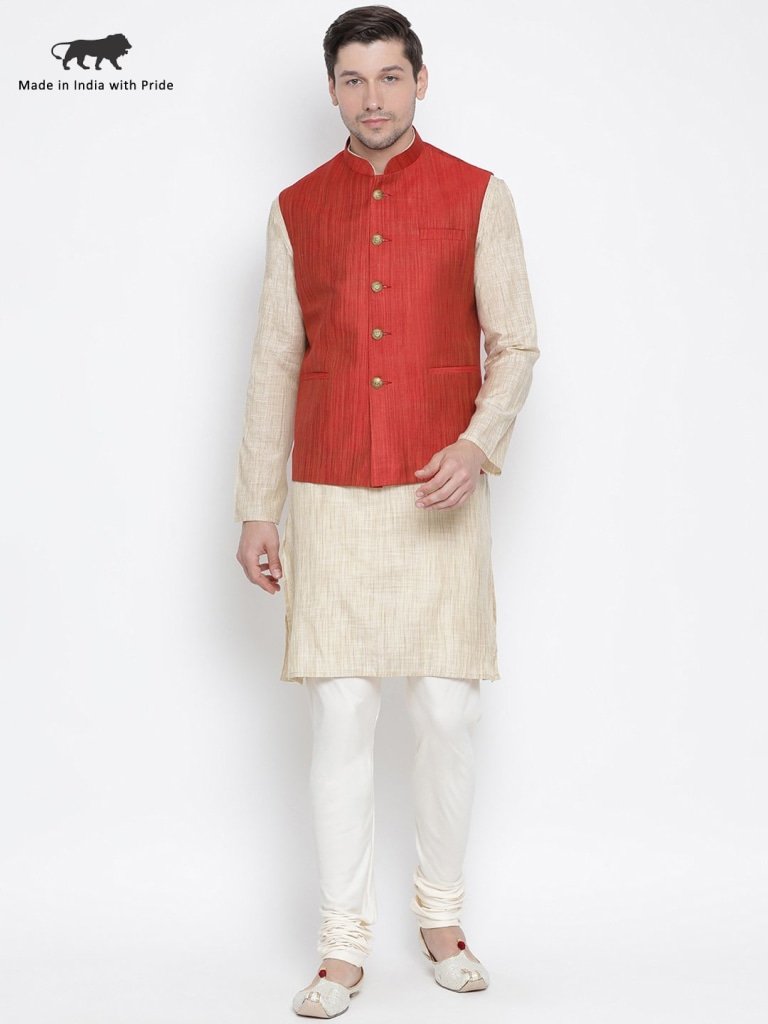 Men's Beige Cotton Blend Kurta, Ethnic Jacket and Pyjama Set