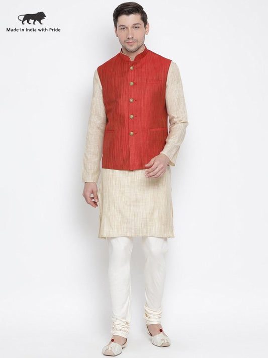 Men's Beige Cotton Blend Kurta, Ethnic Jacket and Pyjama Set