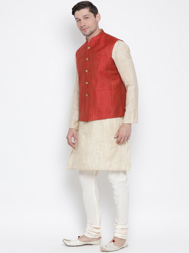 Men's Beige Cotton Blend Kurta, Ethnic Jacket and Pyjama Set