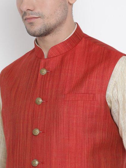 Men's Beige Cotton Blend Kurta, Ethnic Jacket and Pyjama Set