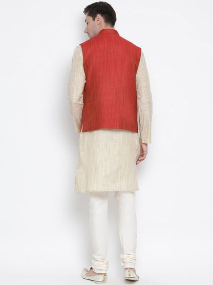 Men's Beige Cotton Blend Kurta, Ethnic Jacket and Pyjama Set