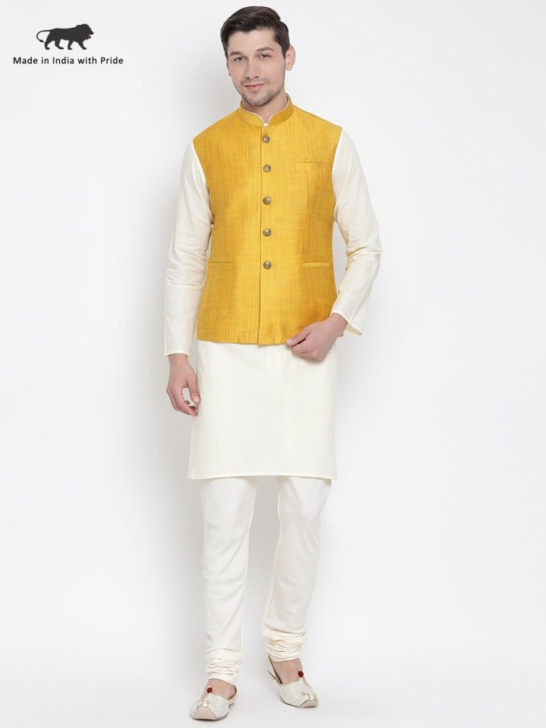 Men's Beige Cotton Blend Kurta, Ethnic Jacket and Pyjama Set
