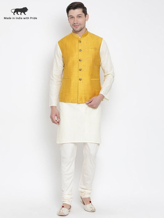 Men's Beige Cotton Blend Kurta, Ethnic Jacket and Pyjama Set