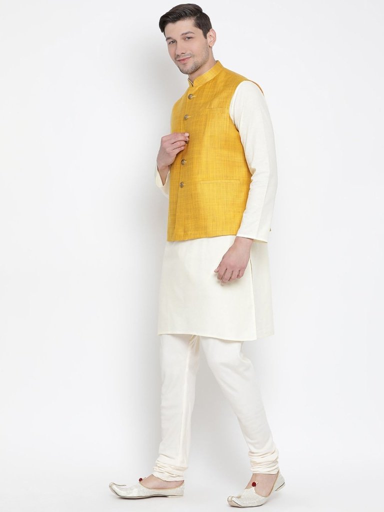 Men's Beige Cotton Blend Kurta, Ethnic Jacket and Pyjama Set