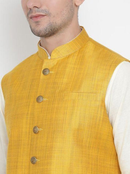 Men's Beige Cotton Blend Kurta, Ethnic Jacket and Pyjama Set