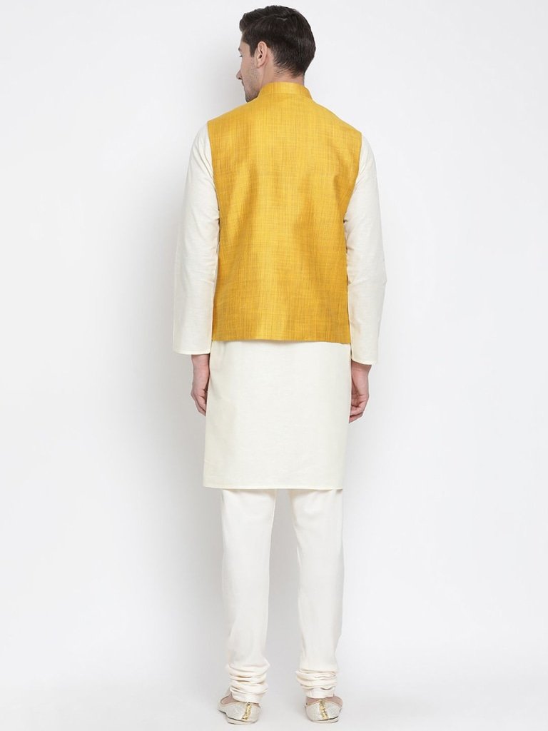 Men's Beige Cotton Blend Kurta, Ethnic Jacket and Pyjama Set