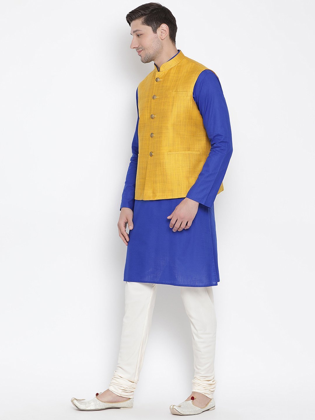 Men's Blue Cotton Blend Kurta, Ethnic Jacket and Pyjama Set