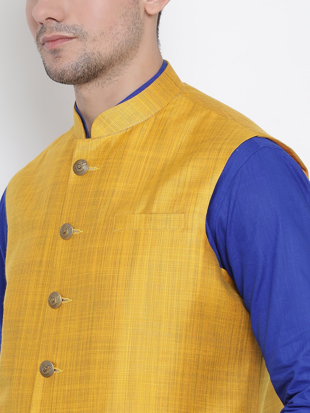 Men's Blue Cotton Blend Kurta, Ethnic Jacket and Pyjama Set