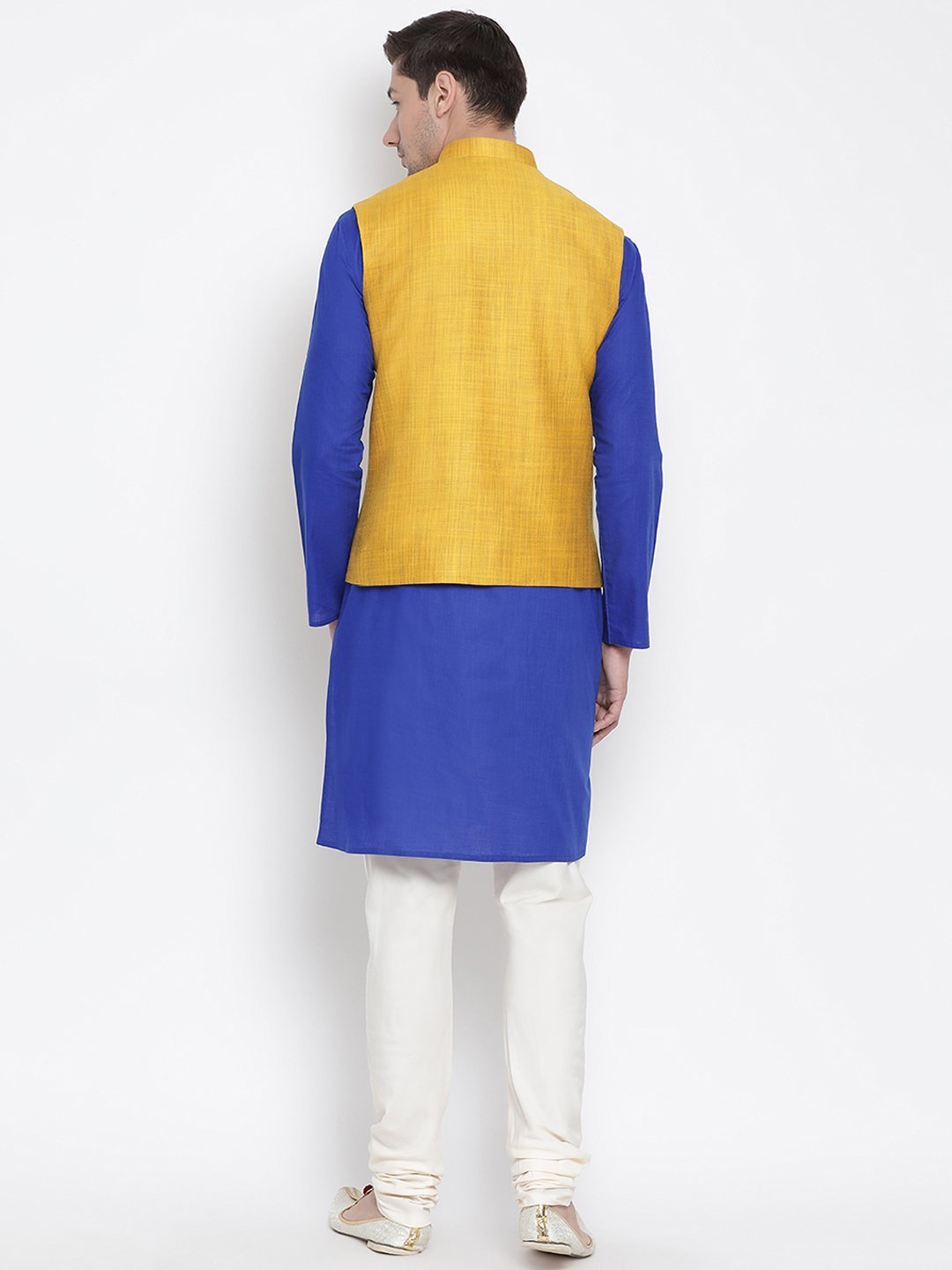 Men's Blue Cotton Blend Kurta, Ethnic Jacket and Pyjama Set