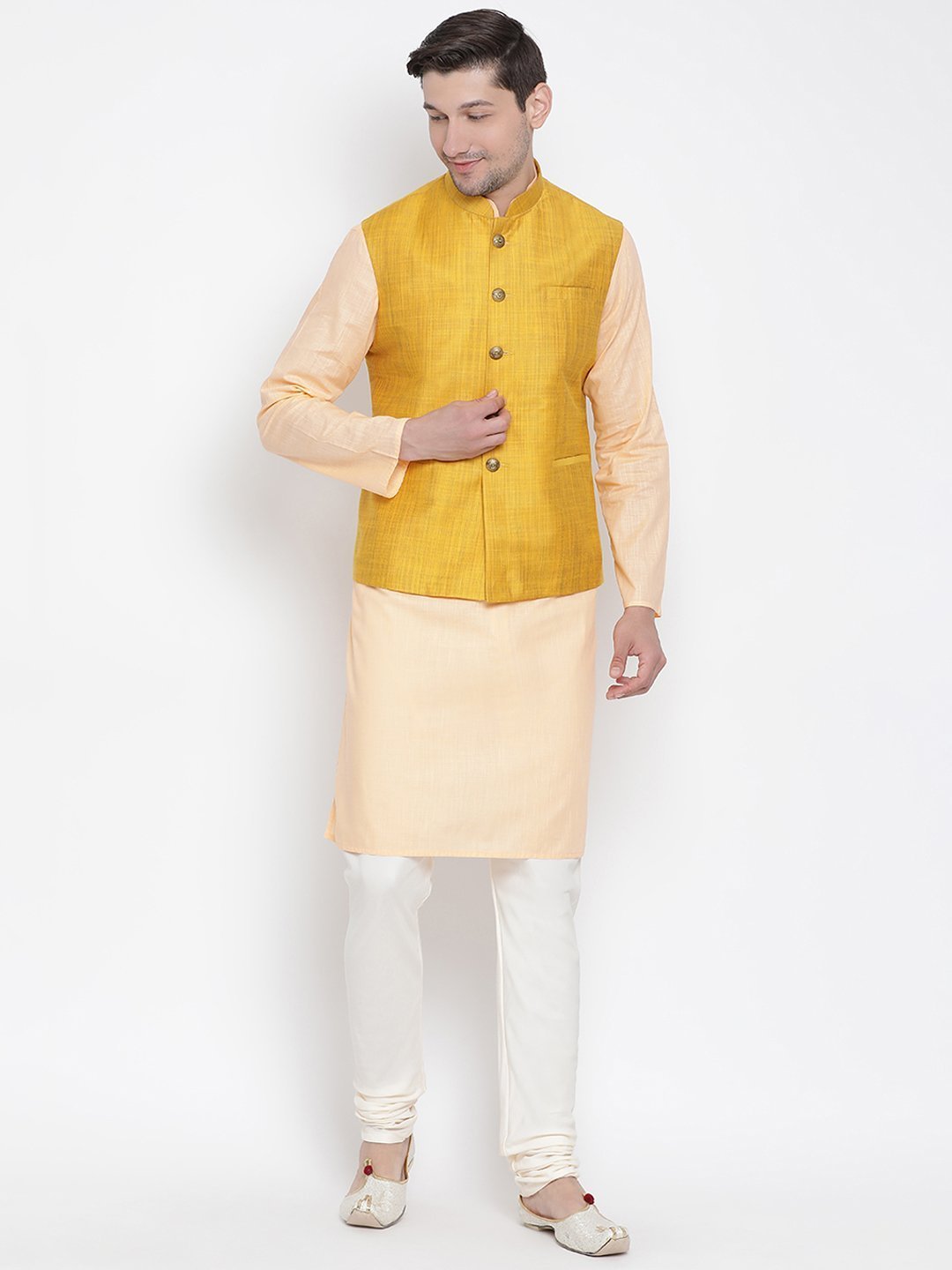 Men's Orange Cotton Blend Kurta, Ethnic Jacket and Pyjama Set