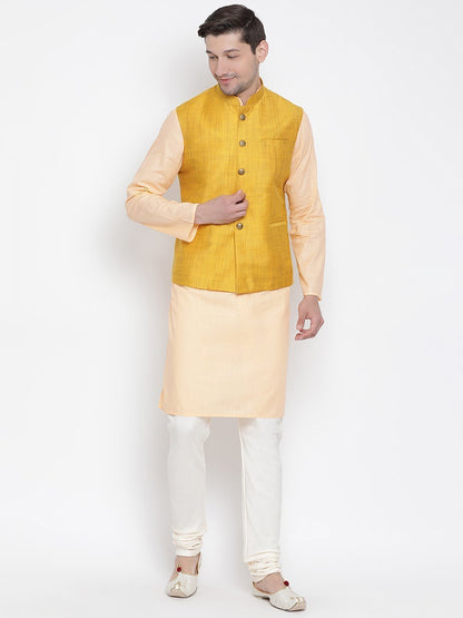 Men's Orange Cotton Blend Kurta, Ethnic Jacket and Pyjama Set