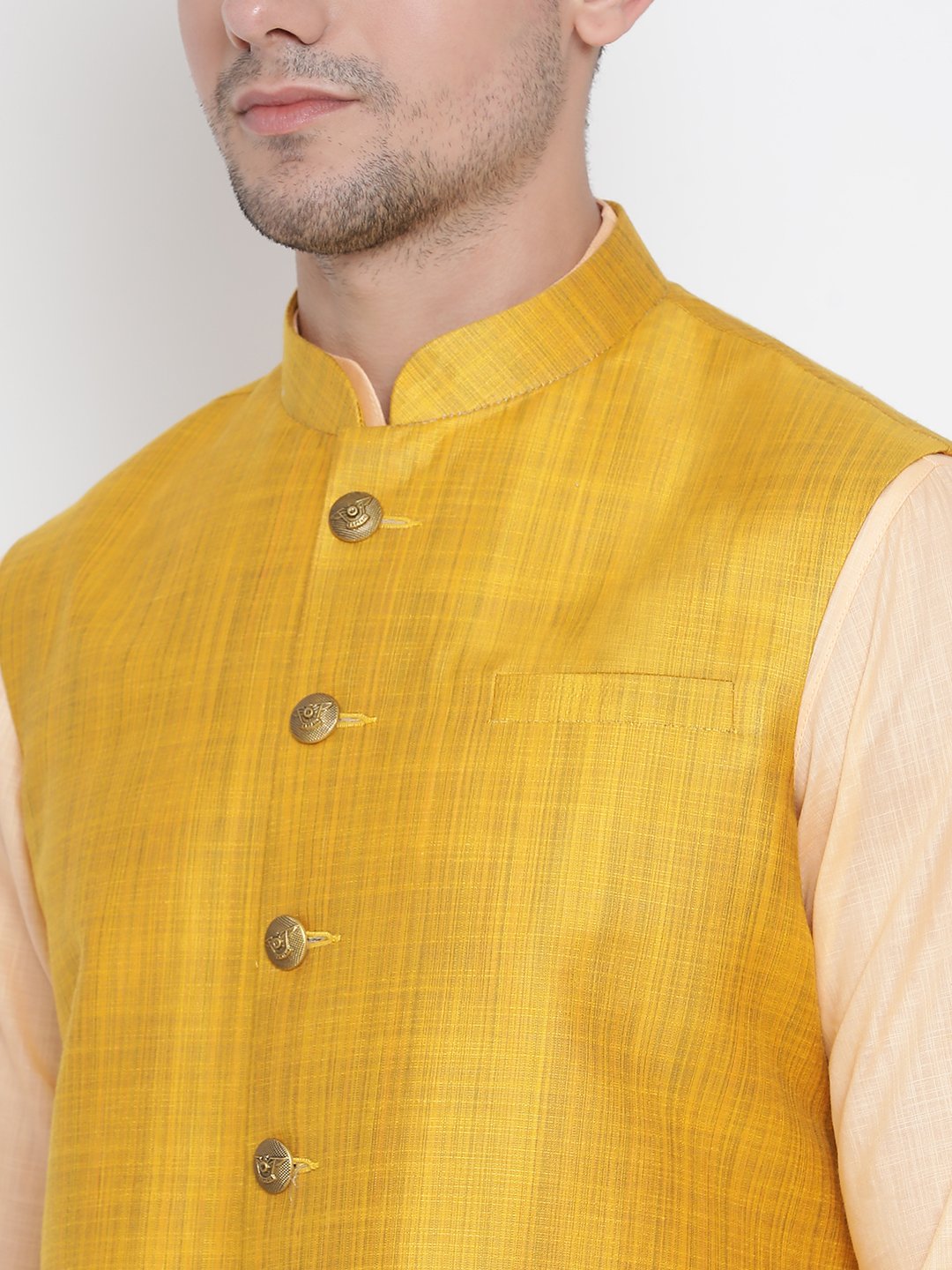 Men's Orange Cotton Blend Kurta, Ethnic Jacket and Pyjama Set