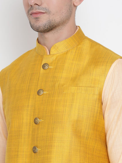 Men's Orange Cotton Blend Kurta, Ethnic Jacket and Pyjama Set