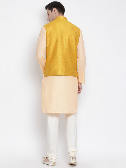 Men's Orange Cotton Blend Kurta, Ethnic Jacket and Pyjama Set