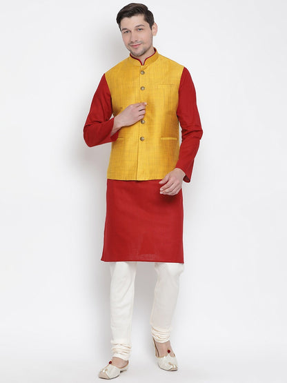 Men's Maroon Cotton Blend Kurta, Ethnic Jacket and Pyjama Set