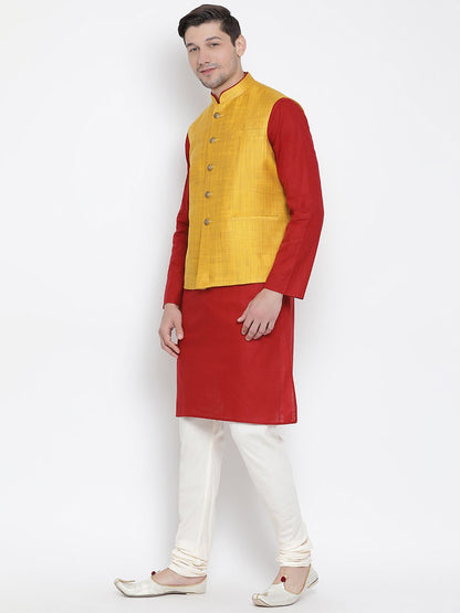 Men's Maroon Cotton Blend Kurta, Ethnic Jacket and Pyjama Set