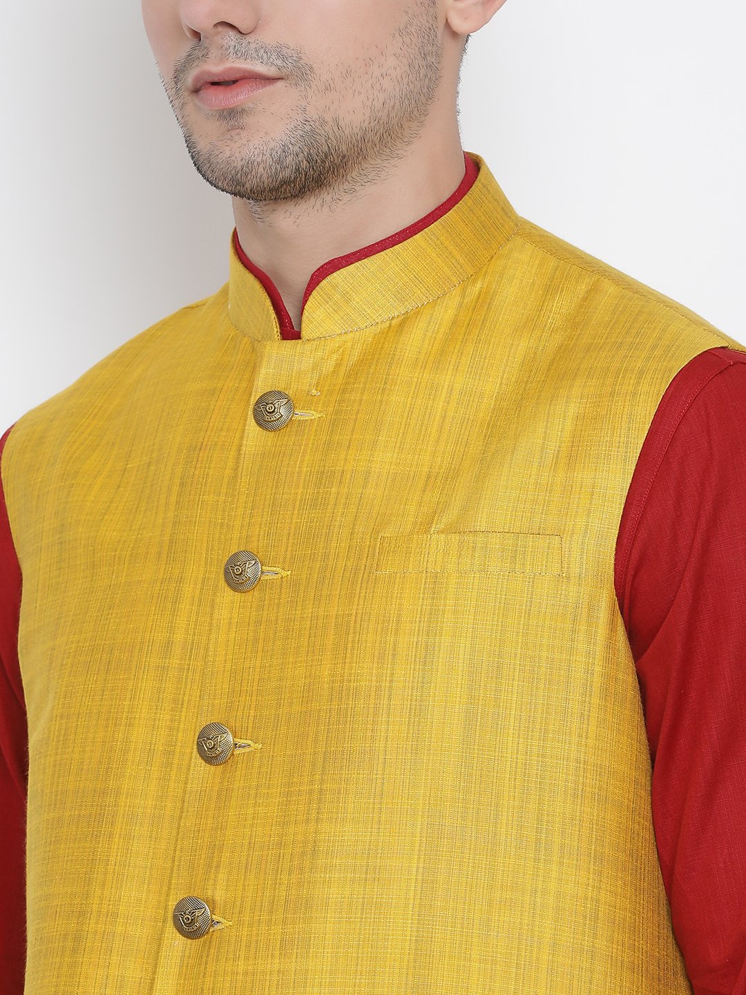 Men's Maroon Cotton Blend Kurta, Ethnic Jacket and Pyjama Set
