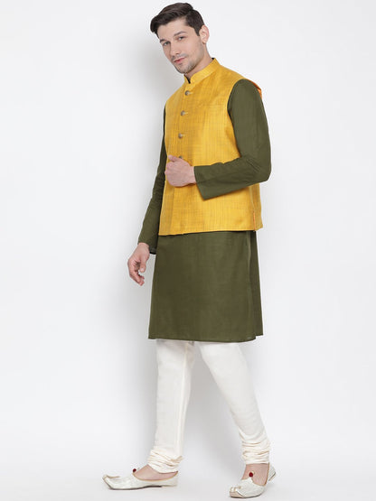 Men's Green Cotton Blend Kurta, Ethnic Jacket and Pyjama Set