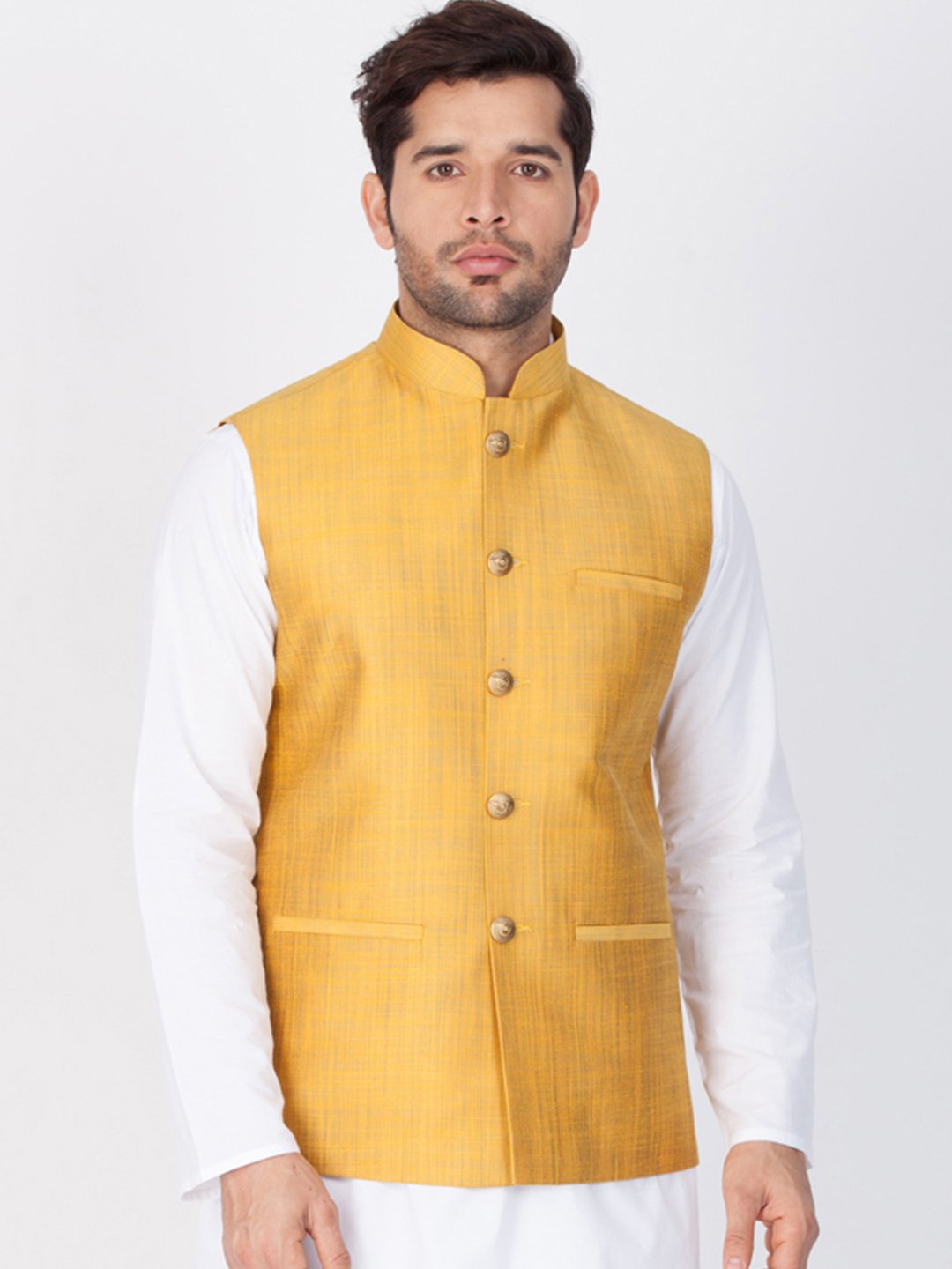Men's Gold Cotton Blend Ethnic Jacket