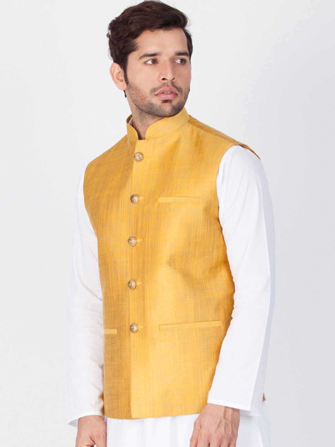 Men's Gold Cotton Blend Ethnic Jacket