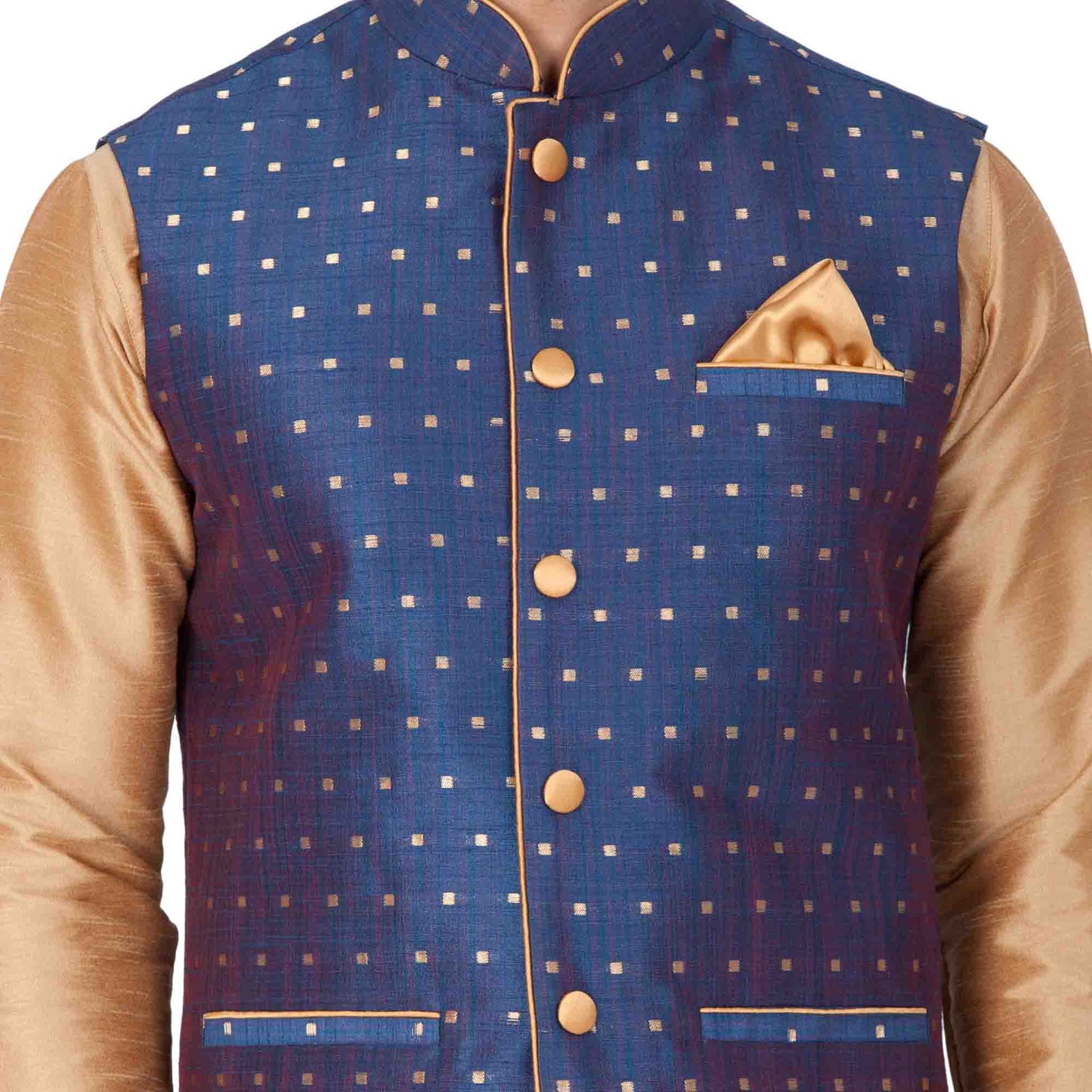 Men's Gold Cotton Silk Blend Kurta, Ethnic Jacket and Pyjama Set