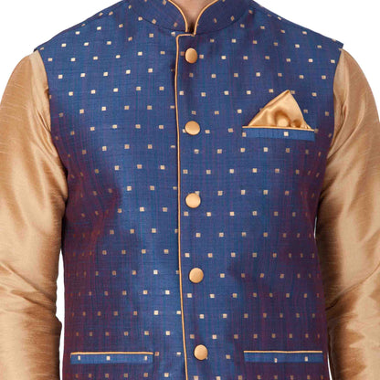 Men's Gold Cotton Silk Blend Kurta, Ethnic Jacket and Pyjama Set