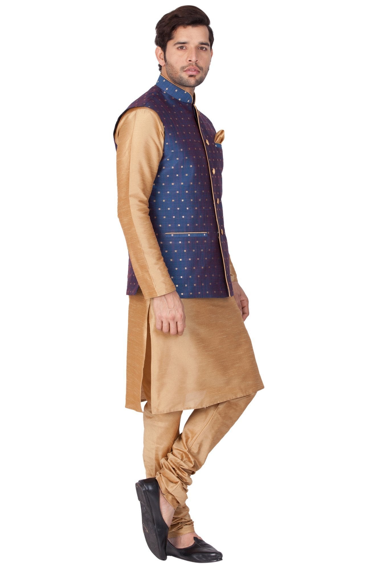 Men's Gold Cotton Silk Blend Kurta, Ethnic Jacket and Pyjama Set