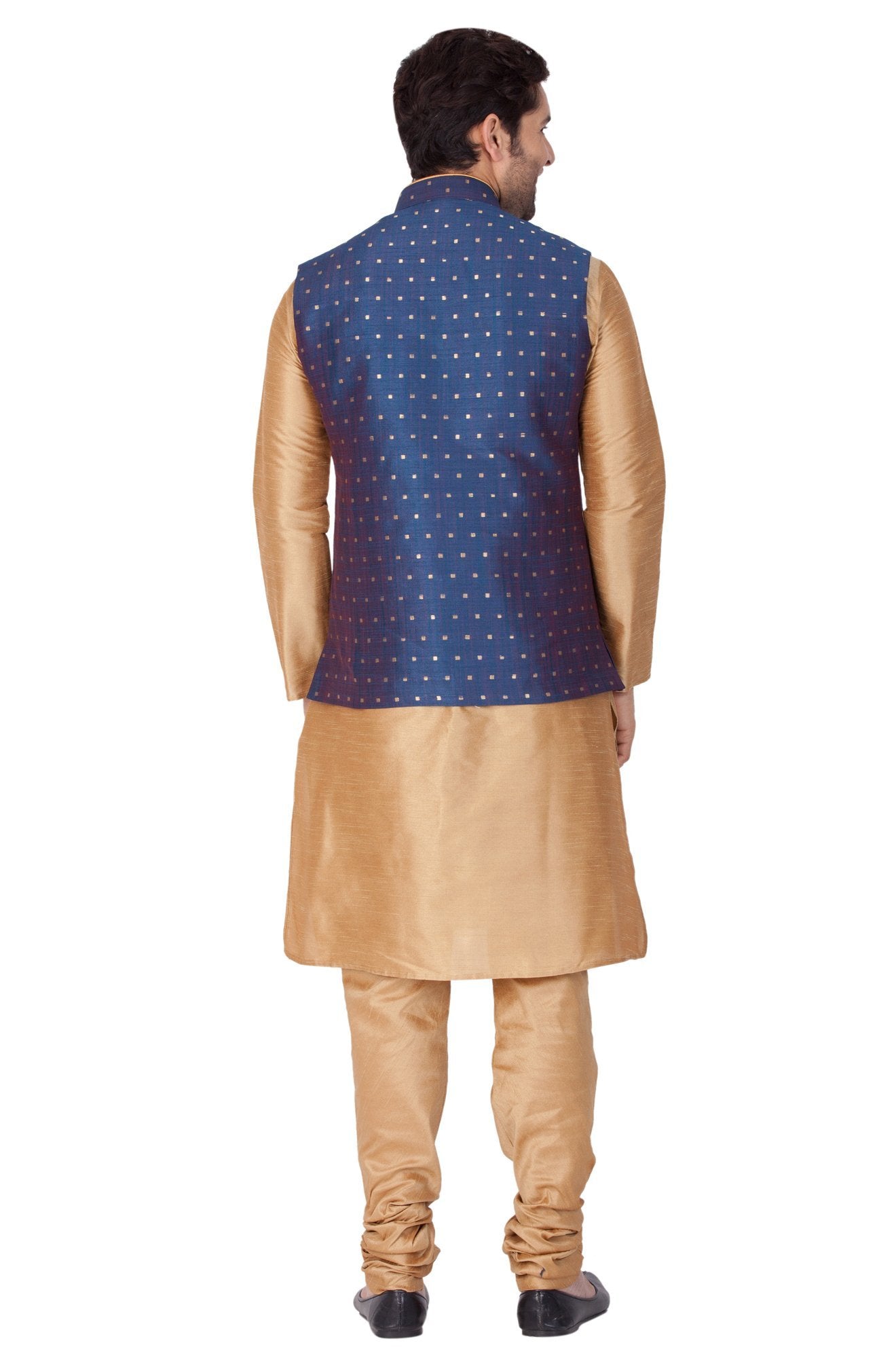 Men's Gold Cotton Silk Blend Kurta, Ethnic Jacket and Pyjama Set