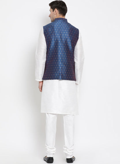 Men's White Cotton Silk Blend Kurta, Ethnic Jacket and Pyjama Set