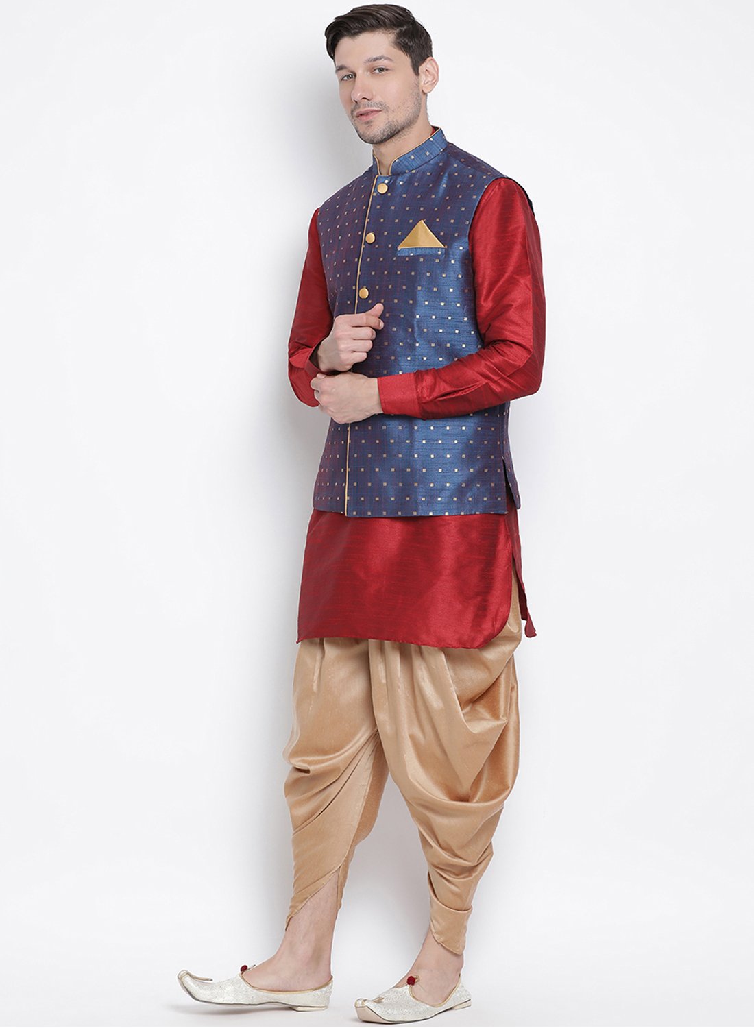 Men's Maroon Cotton Silk Blend Ethnic Jacket, Kurta and Dhoti Pant Set