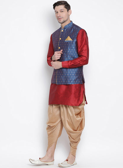 Men's Maroon Cotton Silk Blend Ethnic Jacket, Kurta and Dhoti Pant Set