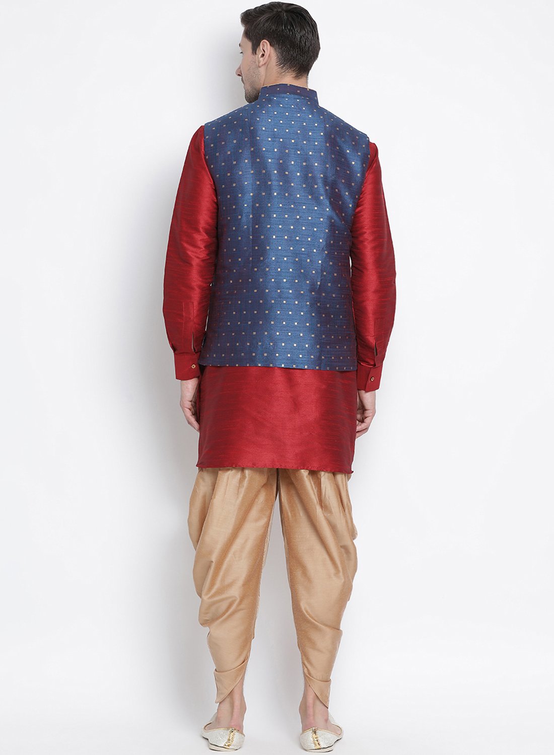 Men's Maroon Cotton Silk Blend Ethnic Jacket, Kurta and Dhoti Pant Set
