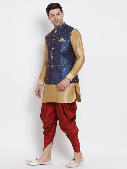 Men's Gold Cotton Silk Blend Ethnic Jacket, Kurta and Dhoti Pant Set