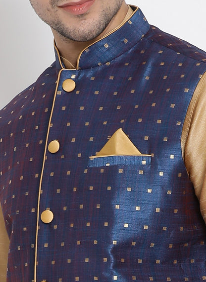 Men's Gold Cotton Silk Blend Ethnic Jacket, Kurta and Dhoti Pant Set