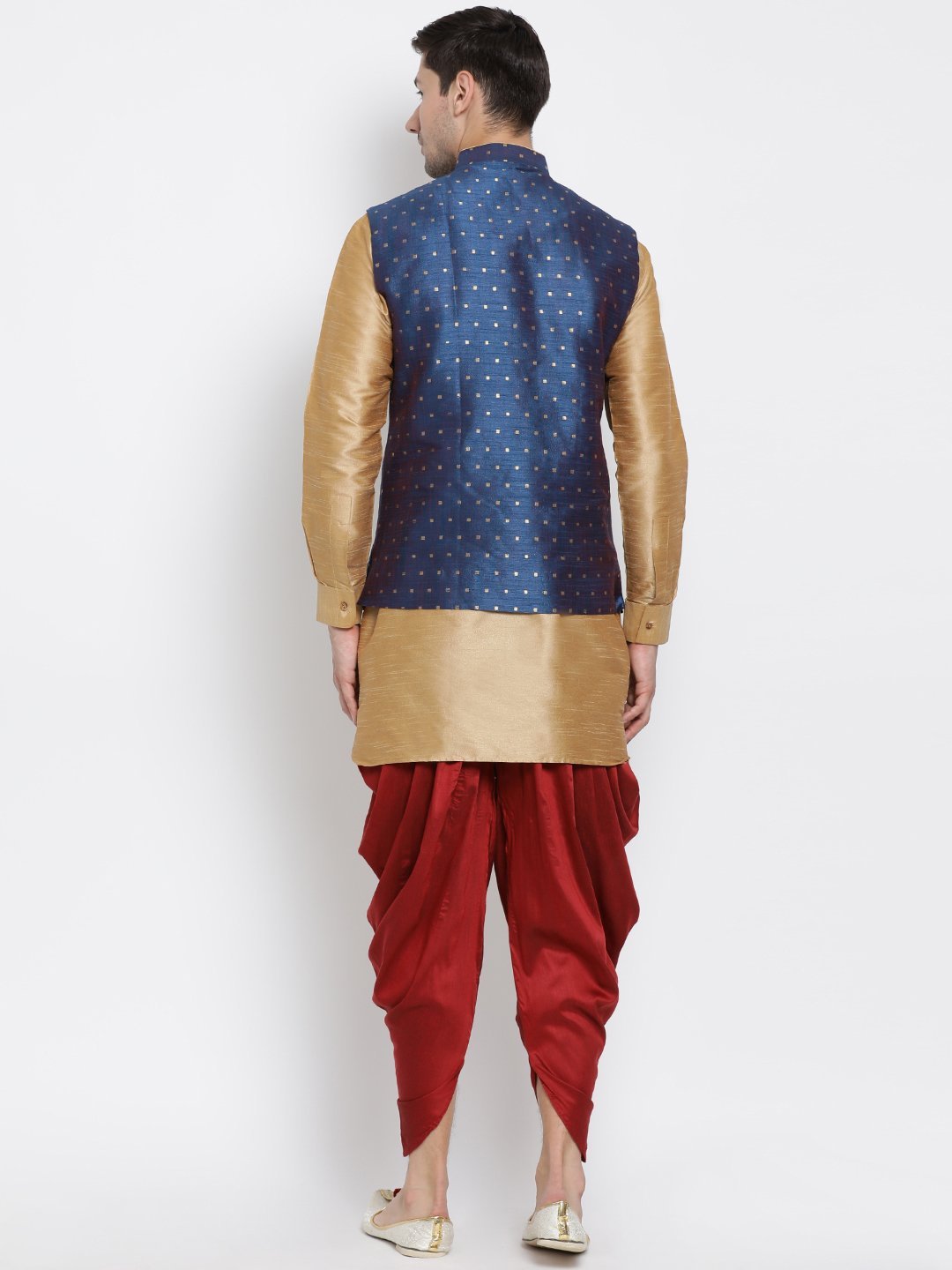 Men's Gold Cotton Silk Blend Ethnic Jacket, Kurta and Dhoti Pant Set