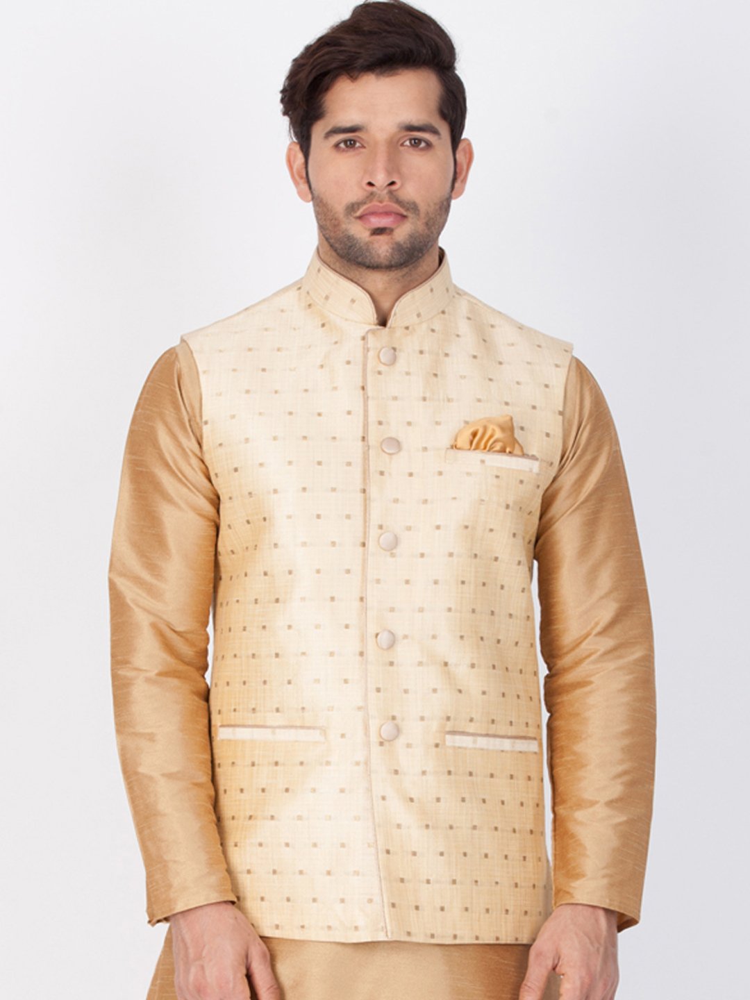 Men's Gold Cotton Blend Ethnic Jacket
