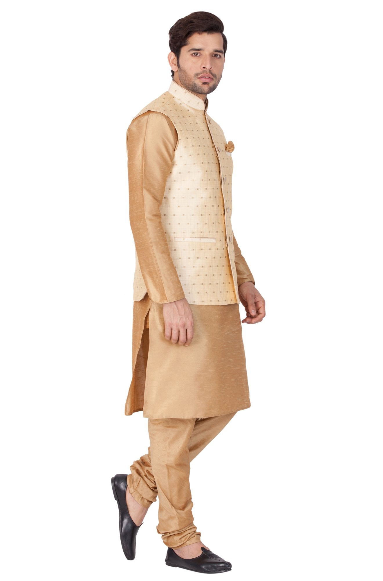 Men's Gold Cotton Silk Blend Kurta, Ethnic Jacket and Pyjama Set