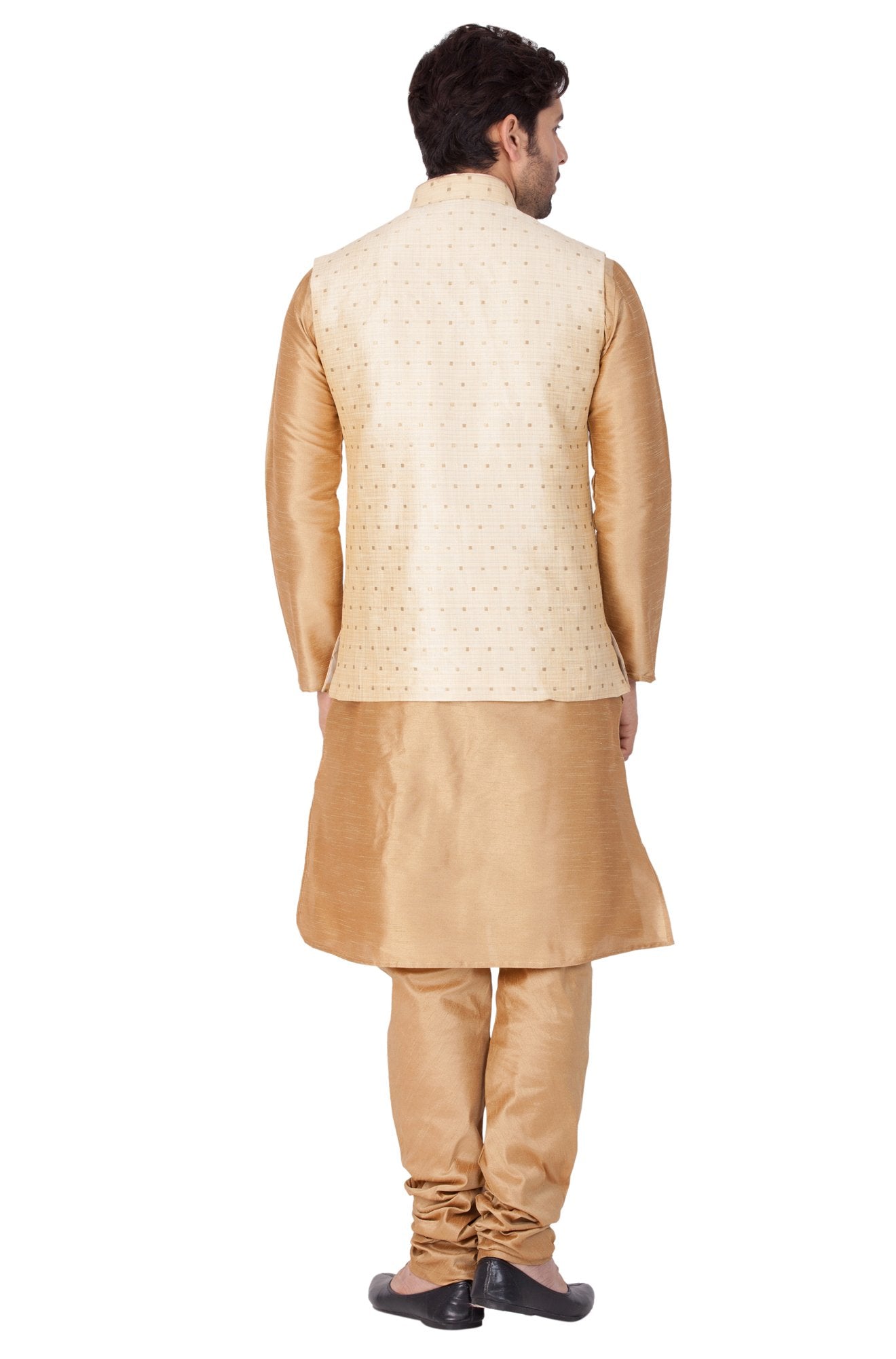 Men's Gold Cotton Silk Blend Kurta, Ethnic Jacket and Pyjama Set